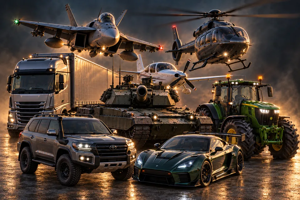 Dicht gestaffelte gemeinsame Szene mit LKW, Panzer, Geländewagen, Rennwagen, Trecker und Privatflugzeug sowie einem auf den Betrachter zufliegenden Jet und Hubschrauber