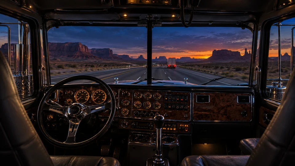 Beleuchtete Instrumente in einem amerikanischen Truck-Cockpit