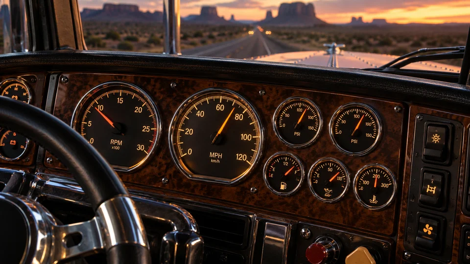 Beleuchtete Instrumente in einem amerikanischen Truck-Cockpit