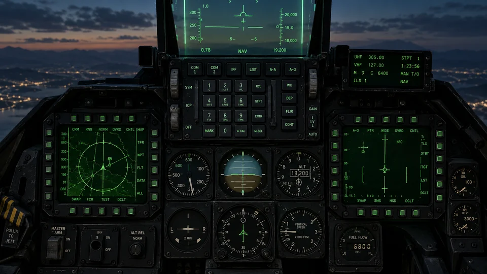 Detailaufnahme beleuchteter Fluginstrumente