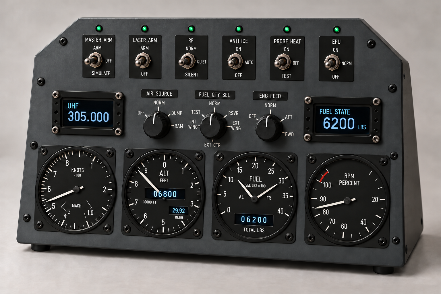 Konzeptdesign von Cockpit Suite. Ein kompaktes Tischpanel mit F-16-Bedienelementen, analogen Zeigern und integrierten Mini-OLEDs. Die Darstellung zeigt unsere Gestaltungsidee.
