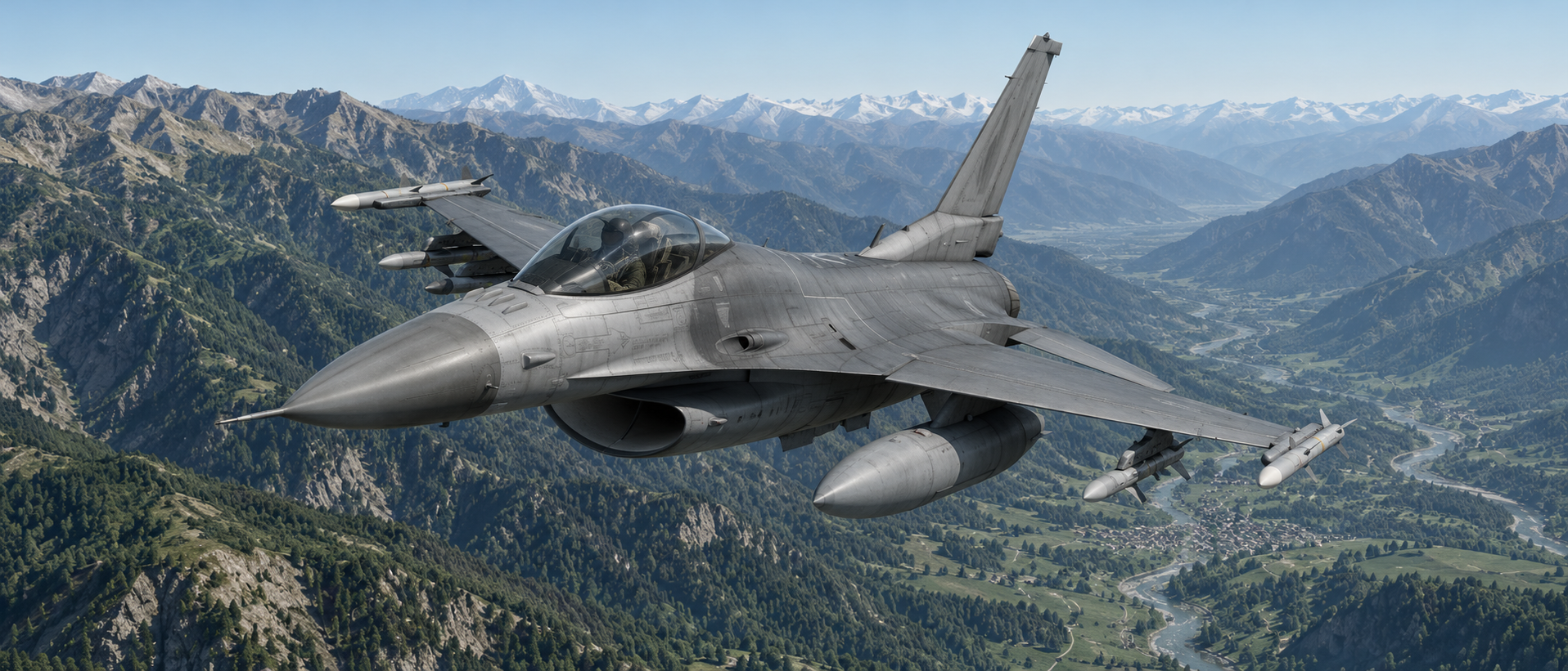 Illustrativer F-16C-Render im DCS-Stil über einer Gebirgslandschaft