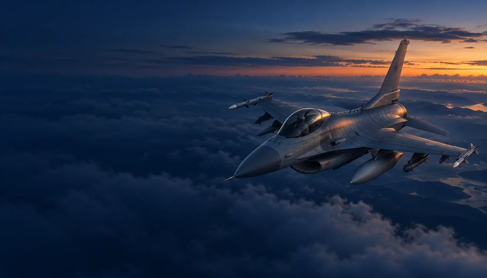 Illustration einer F-16 über den Wolken im Abendlicht