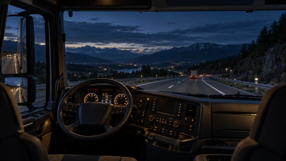 Beleuchtete Instrumente in einem europäischen Truck-Cockpit