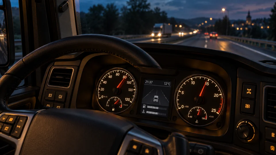 Beleuchtete Instrumente in einem europäischen Truck-Cockpit