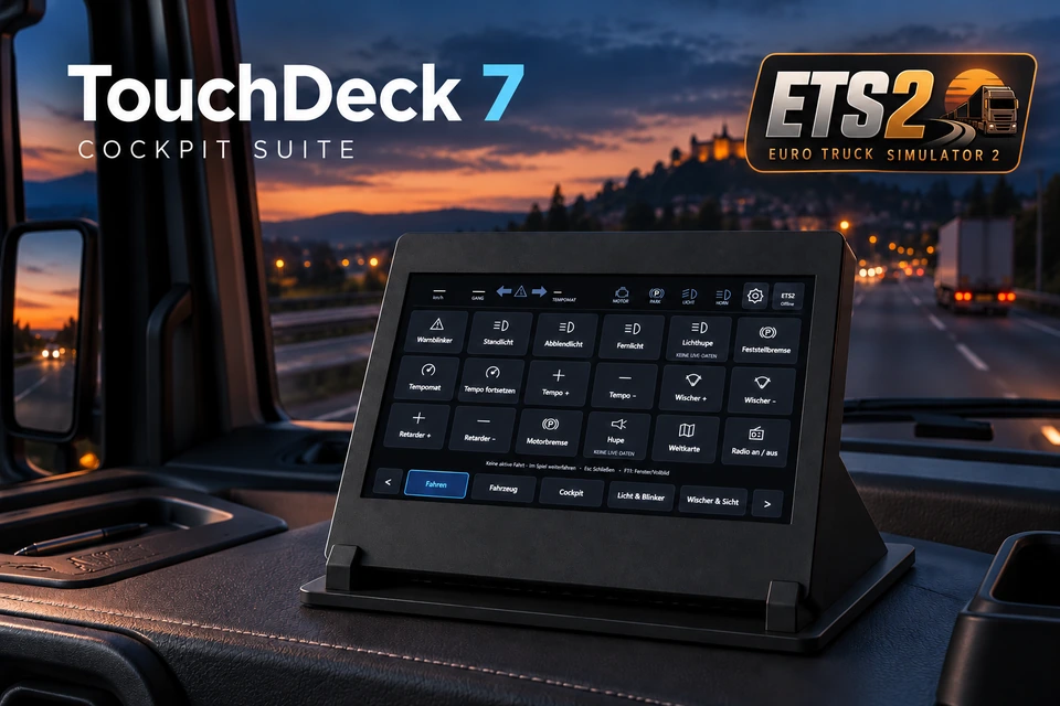 TouchDeck 7 mit schwarzem Gehäuse, Tischhalter und ETS2-Bedienoberfläche