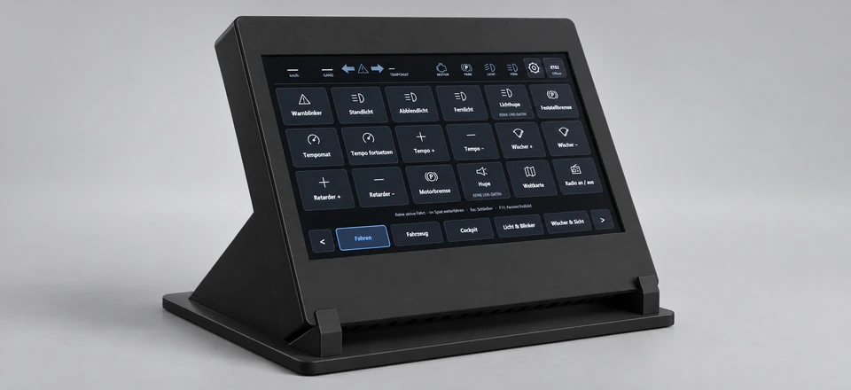 Schwarzes TouchDeck-Gehäuse mit separater Frontblende und Tischhalter