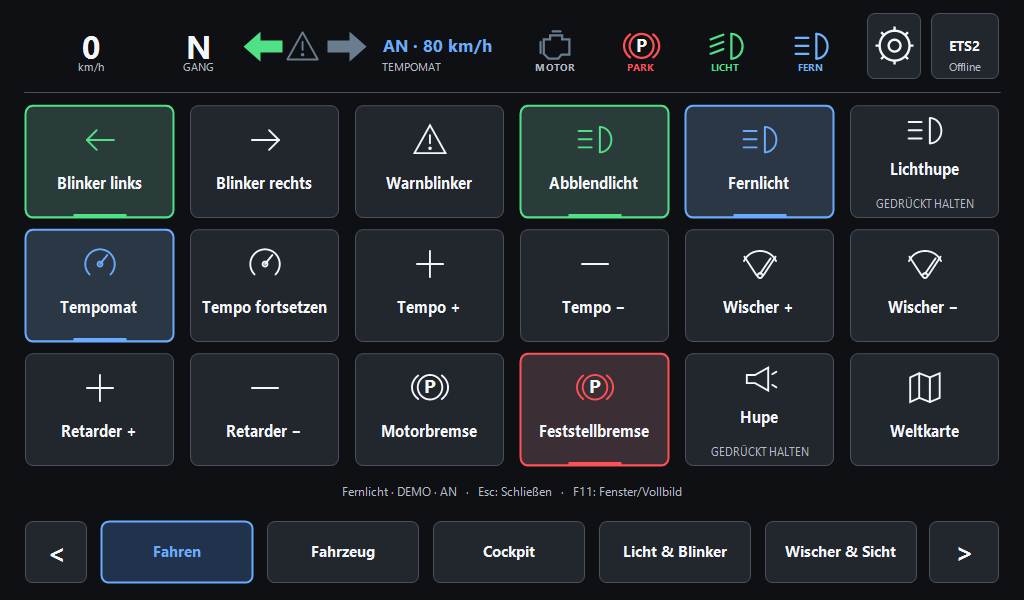 TouchDeck-Bedienoberfläche im Bereich Fahren