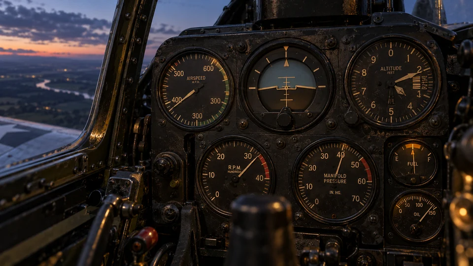 Detailaufnahme beleuchteter Fluginstrumente